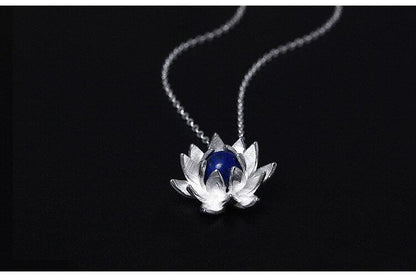 Collier pendentif fleur de lotus pierre lapis lazuli bleu argent 925