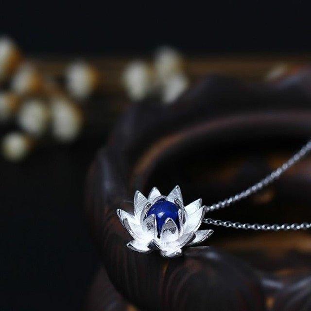 Collier pendentif fleur de lotus pierre lapis lazuli bleu argent 925 - MonPendentif
