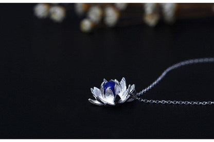 Collier pendentif fleur de lotus pierre lapis lazuli bleu argent 925