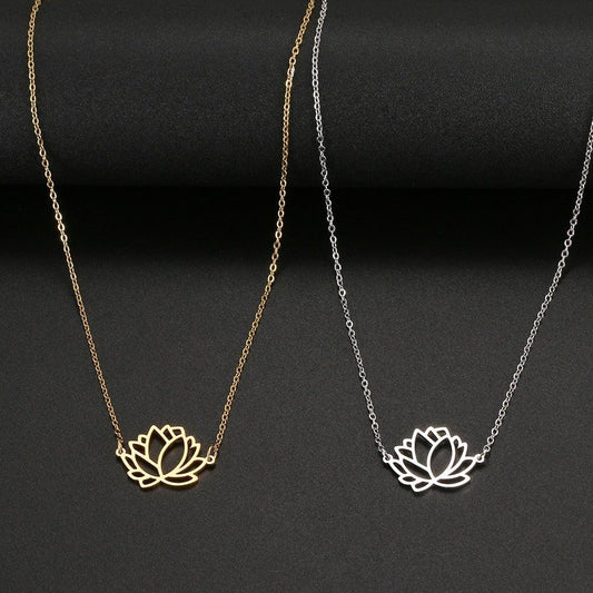 Collier pendentif fleur de lotus plat plaqué or / argent