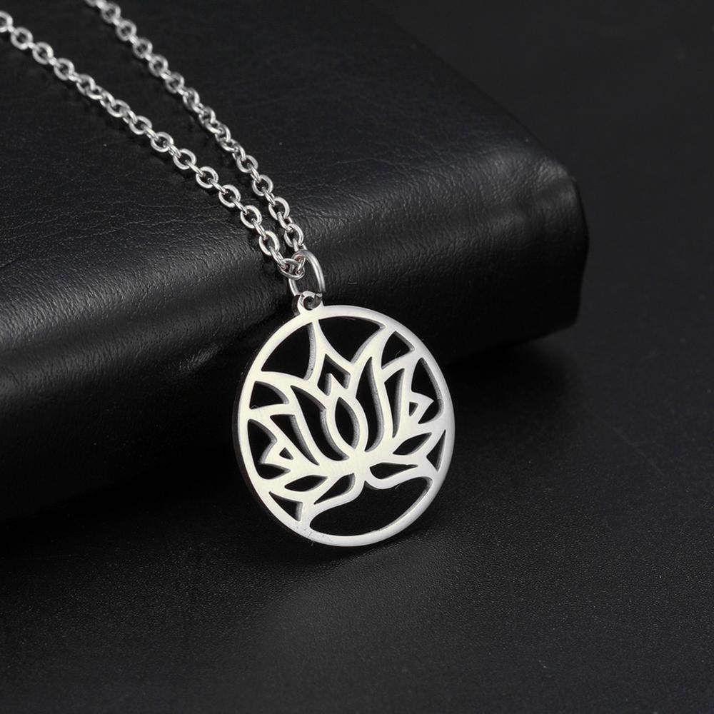 Collier pendentif fleur de lotus plat rond plaqué or / argent - MonPendentif