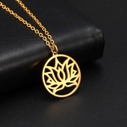 Collier pendentif fleur de lotus plat rond plaqué or / argent - MonPendentif