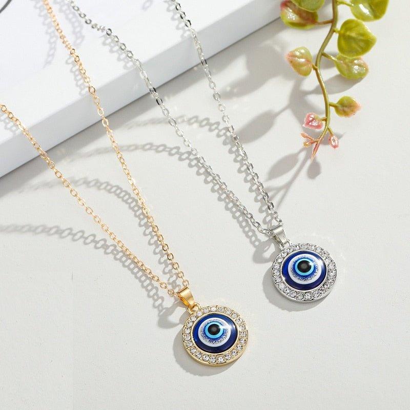 Collier pendentif grand œil bleu rond