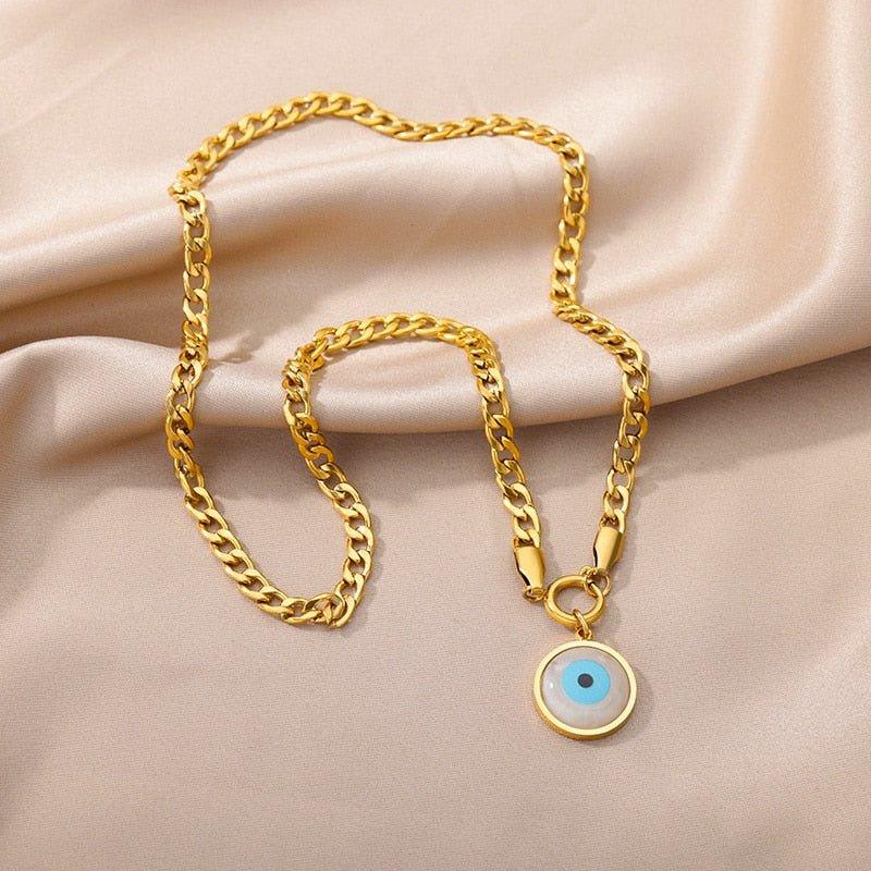 Collier pendentif grand oeil rond plaqué or chaîne épaisse