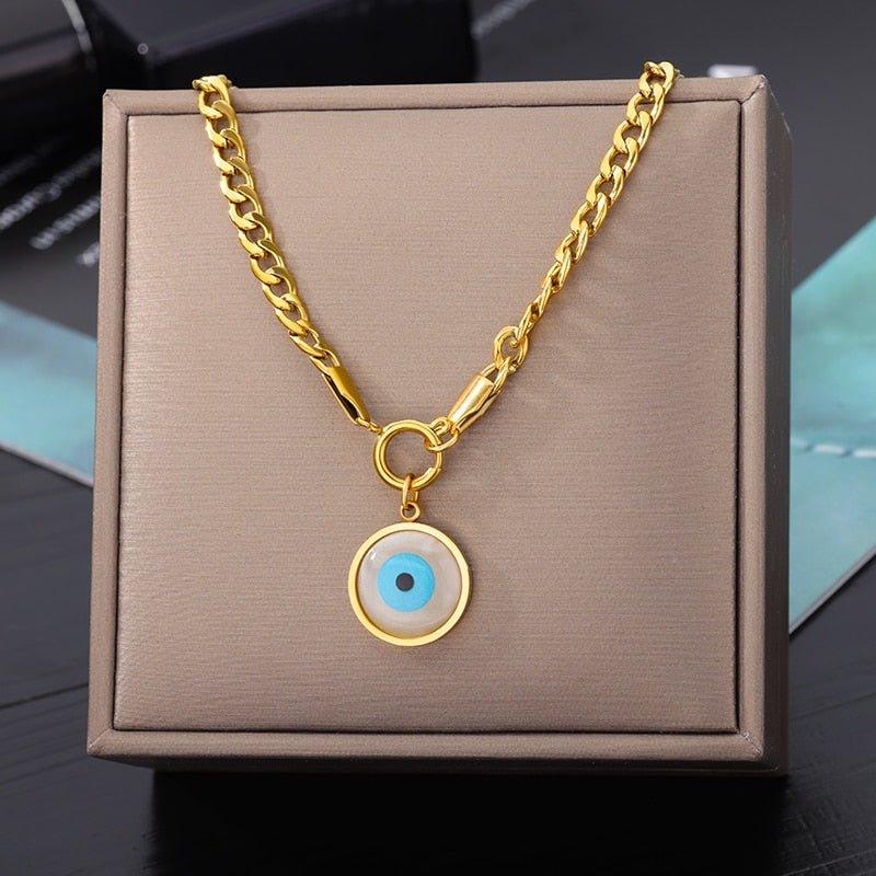 Collier pendentif grand oeil rond plaqué or chaîne épaisse - MonPendentif