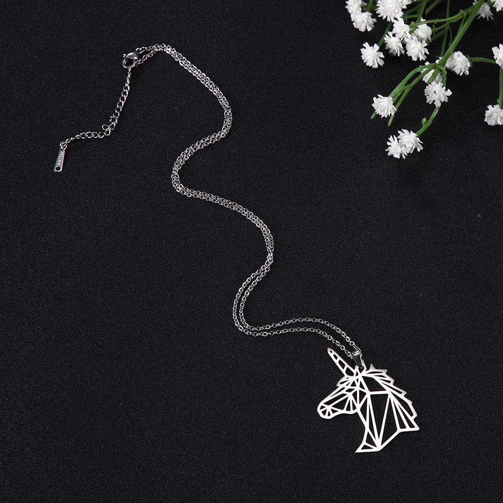 Collier pendentif licorne géométrique plat plaqué argent