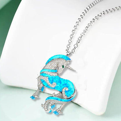 Collier pendentif licorne strass bleu et argenté