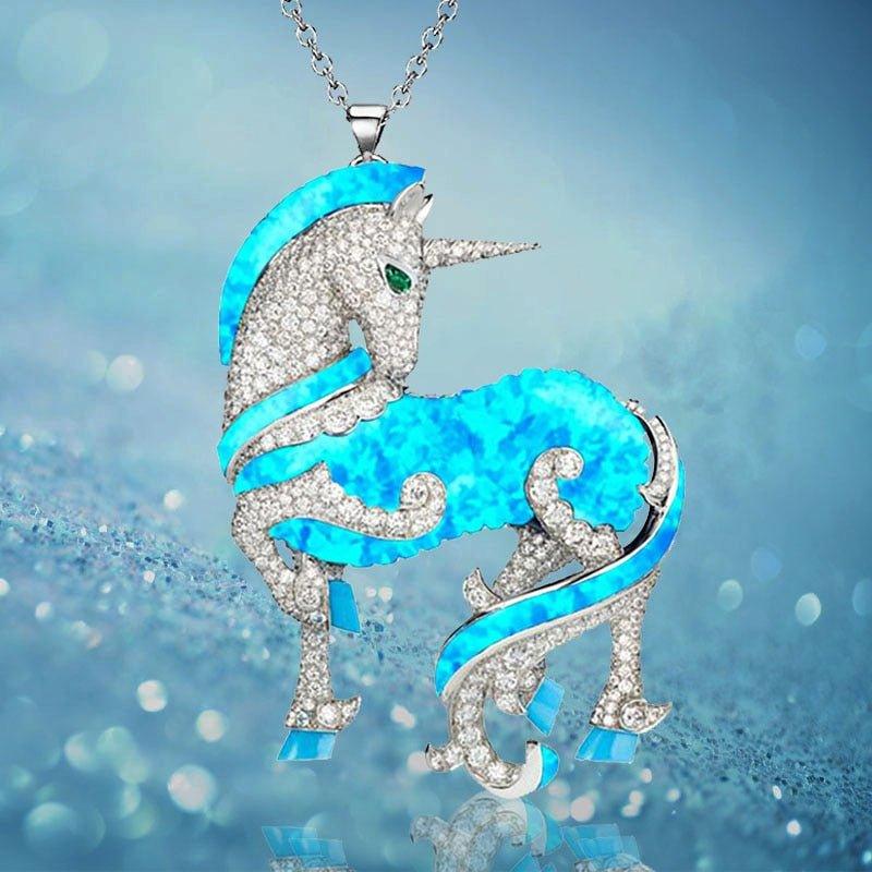 Collier pendentif licorne strass bleu et argenté