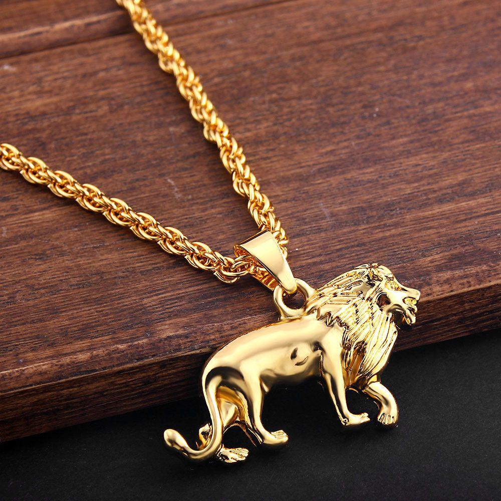 Collier pendentif lion longue chaine plaqué or