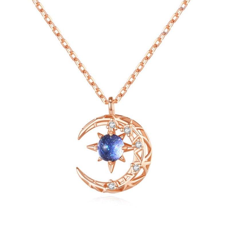 Collier pendentif lune et étoile avec cristal bleu et strass - MonPendentif