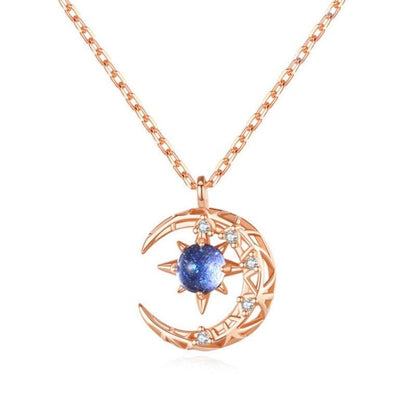 Collier pendentif lune et étoile avec cristal bleu et strass - MonPendentif
