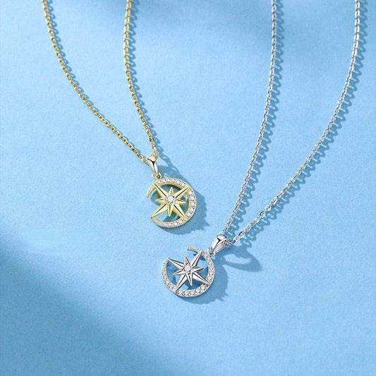 Collier pendentif lune et rose des vents avec strass