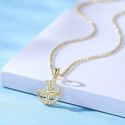Collier pendentif lune et rose des vents avec strass - MonPendentif