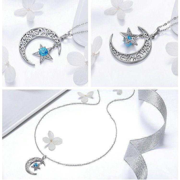 Collier pendentif lune étoilé en cristal en argent 925