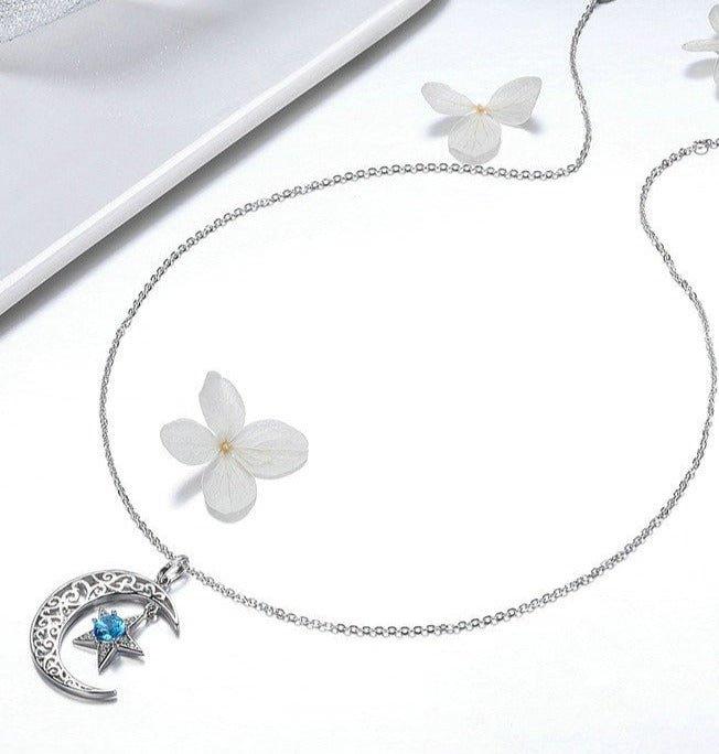 Collier pendentif lune étoilé en cristal en argent 925