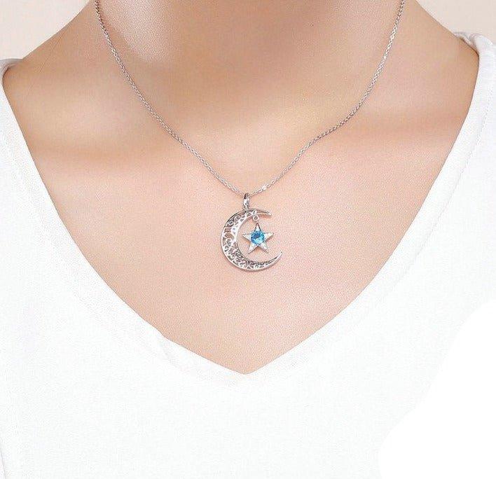 Collier pendentif lune étoilé en cristal en argent 925