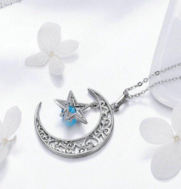 Collier pendentif lune étoilé en cristal en argent 925