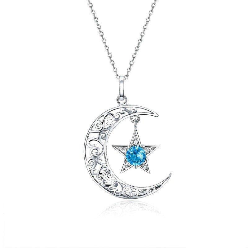 Collier pendentif lune étoilé en cristal en argent 925 - MonPendentif