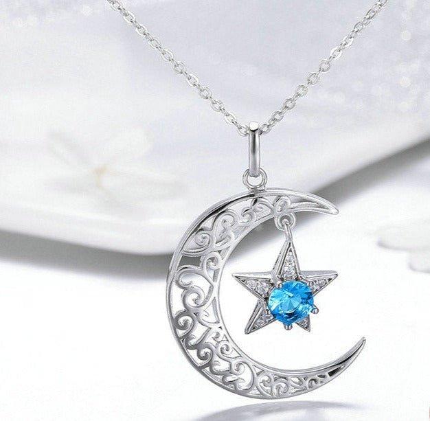 Collier pendentif lune étoilé en cristal en argent 925