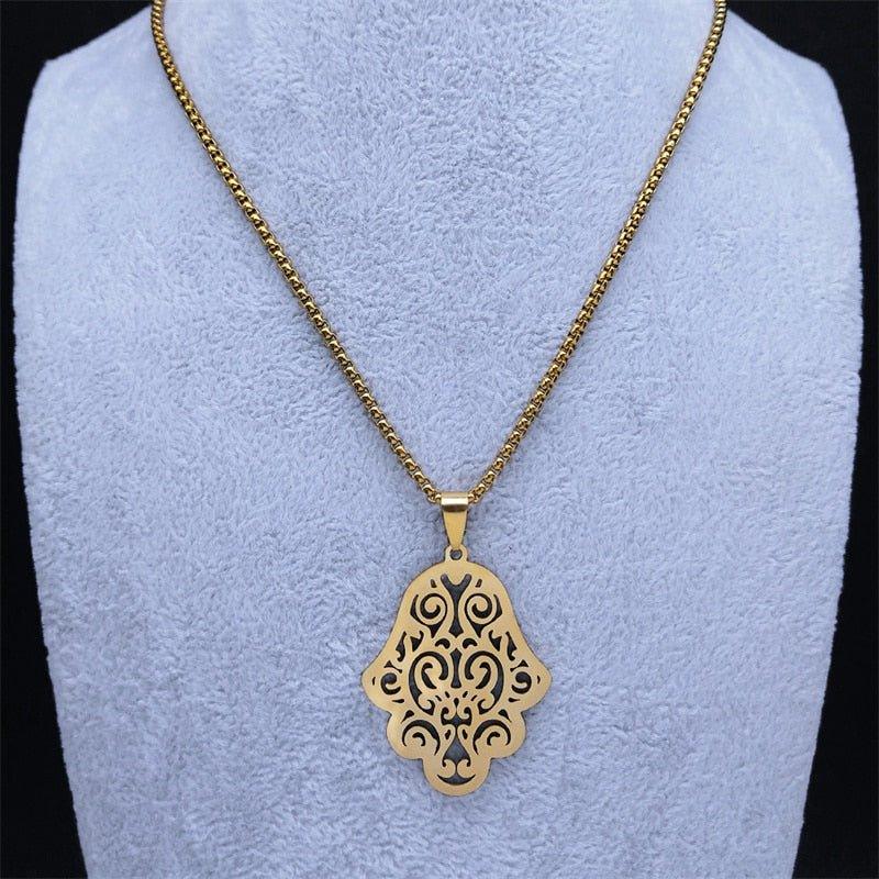 Collier pendentif main de fatma ajourée plat plaqué or / argent