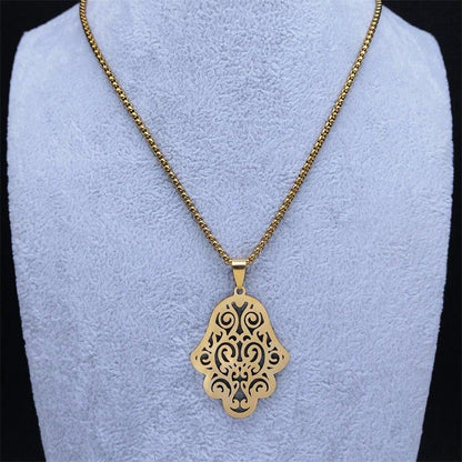 Collier pendentif main de fatma ajourée plat plaqué or / argent