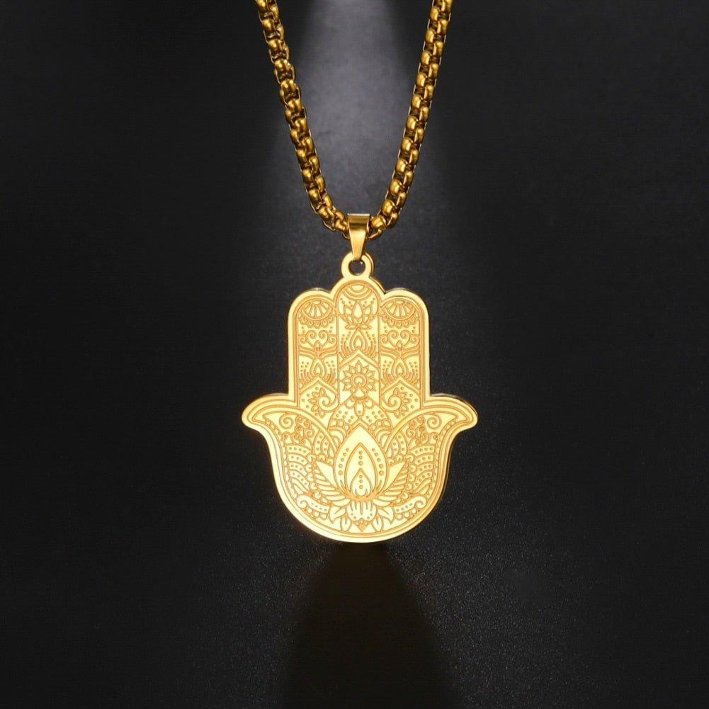 Collier pendentif main de fatma avec gravures plaqué or / argent