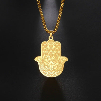 Collier pendentif main de fatma avec gravures plaqué or / argent
