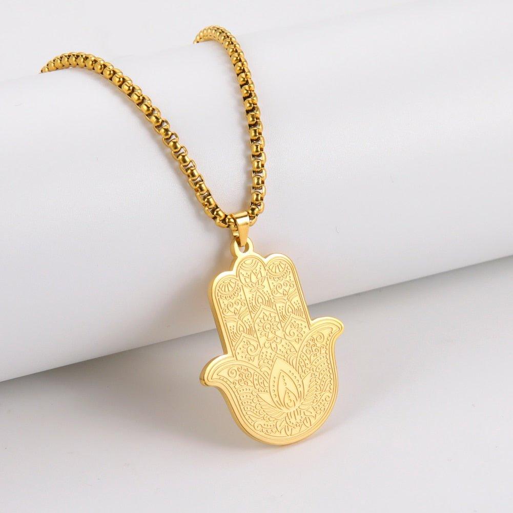 Collier pendentif main de fatma avec gravures plaqué or / argent - MonPendentif