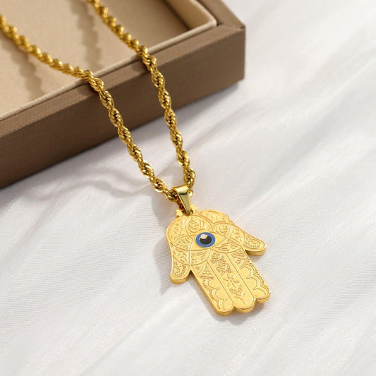 Collier pendentif main de fatma plat avec oeil plaqué or / argent / or rose
