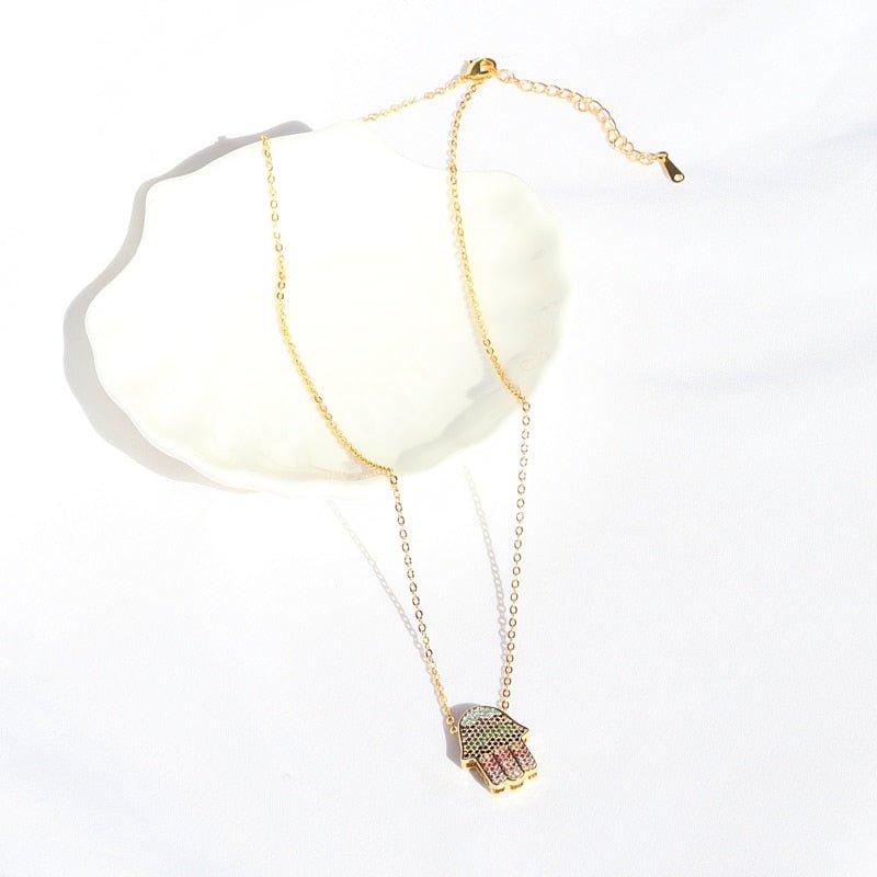 Collier pendentif main de fatma strass multicolore plaqué or - MonPendentif