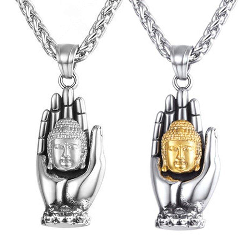 Collier pendentif main tenant une tête de Bouddha plaqué argent / or