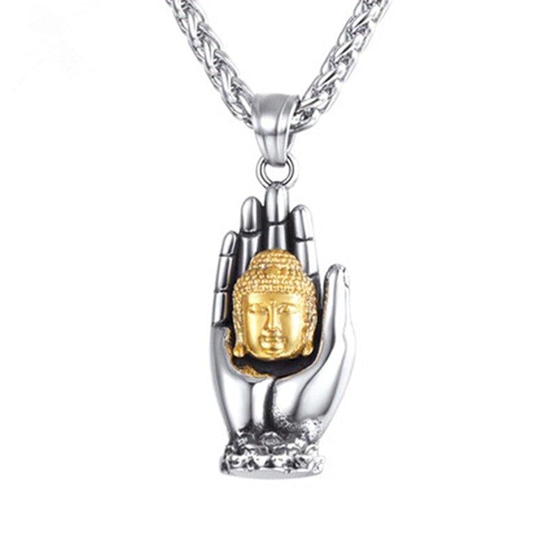Collier pendentif main tenant une tête de Bouddha plaqué argent / or - MonPendentif