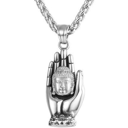 Collier pendentif main tenant une tête de Bouddha plaqué argent / or - MonPendentif