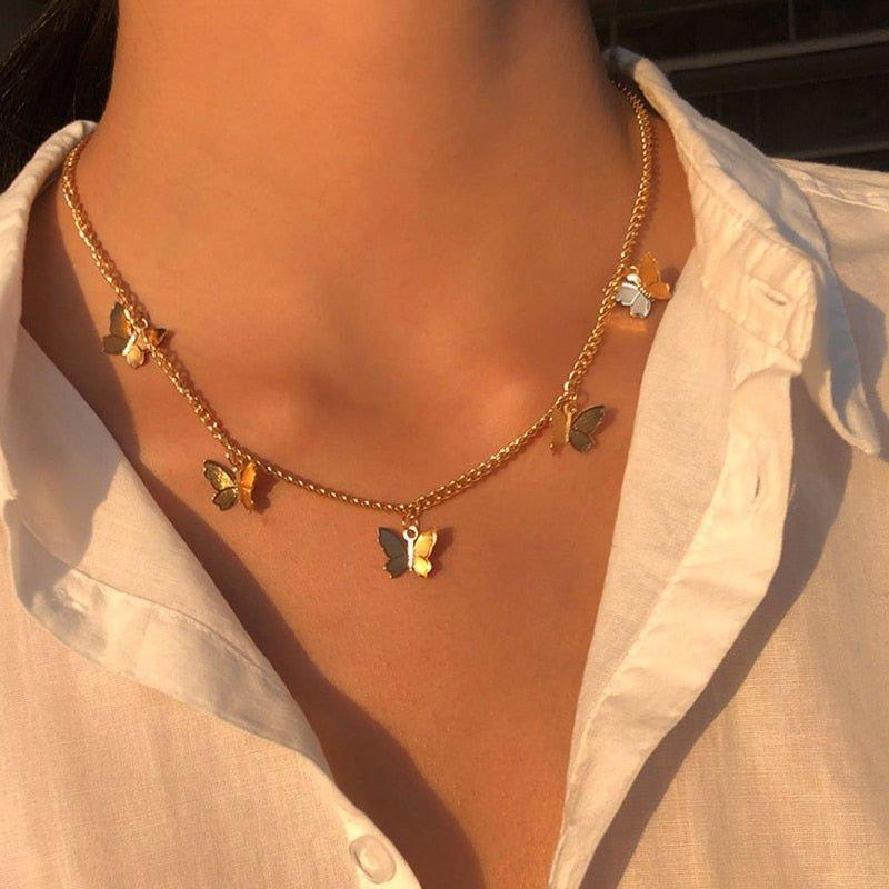 Collier pendentif multiple papillon plaqué or - MonPendentif