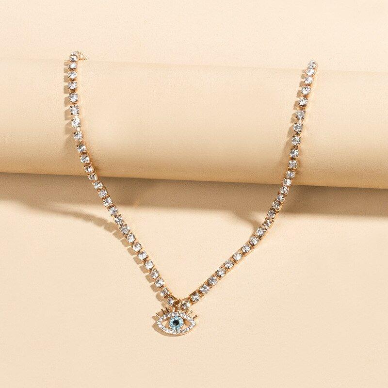 Collier pendentif œil bleu bohémien ras de cou avec cristal