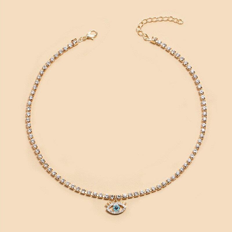 Collier pendentif œil bleu bohémien ras de cou avec cristal