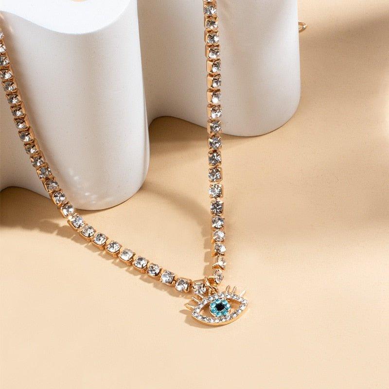 Collier pendentif œil bleu bohémien ras de cou avec cristal
