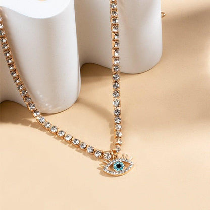Collier pendentif œil bleu bohémien ras de cou avec cristal