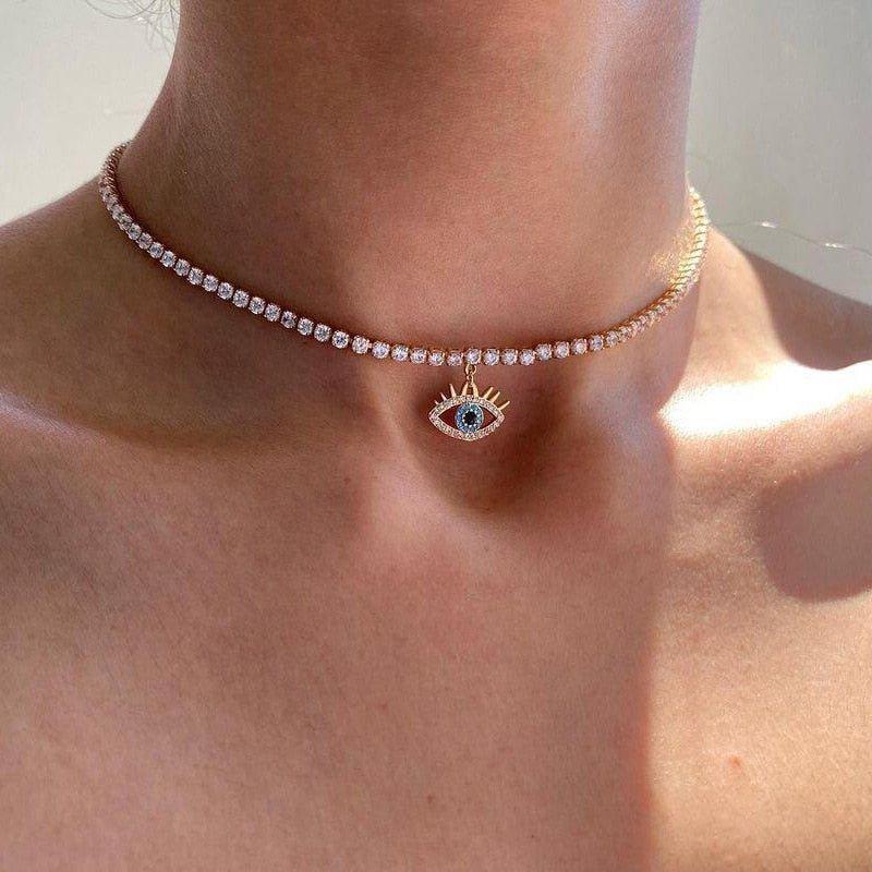 Collier pendentif œil bleu bohémien ras de cou avec cristal