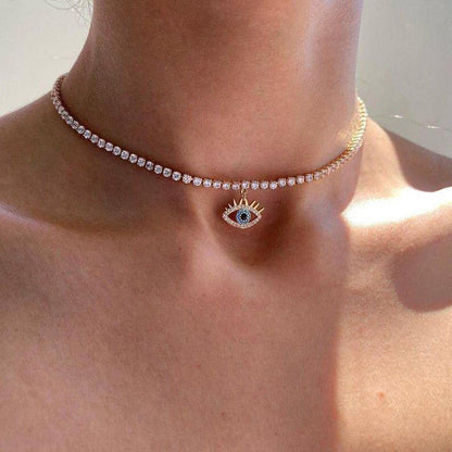 Collier pendentif œil bleu bohémien ras de cou avec cristal