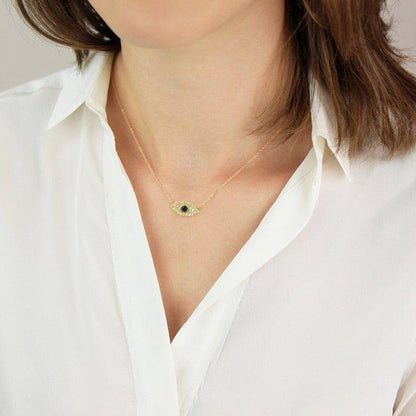 Collier pendentif oeil bleu en argent 925 avec strass plaqué or