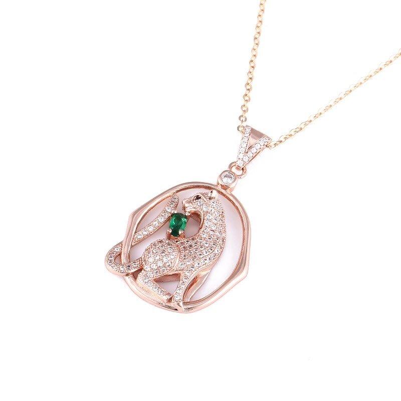 Collier pendentif panthère émeraude et strass plaqué or / or rose / argent - MonPendentif
