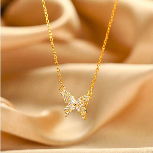 Collier pendentif papillon incrusté de strass plaqué or / argent - MonPendentif