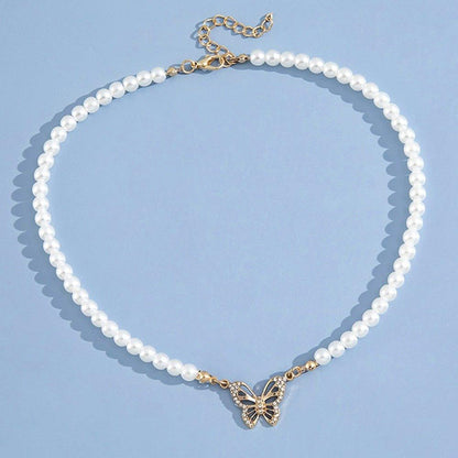 Collier pendentif papillon perlé ras du cou plaqué or - MonPendentif