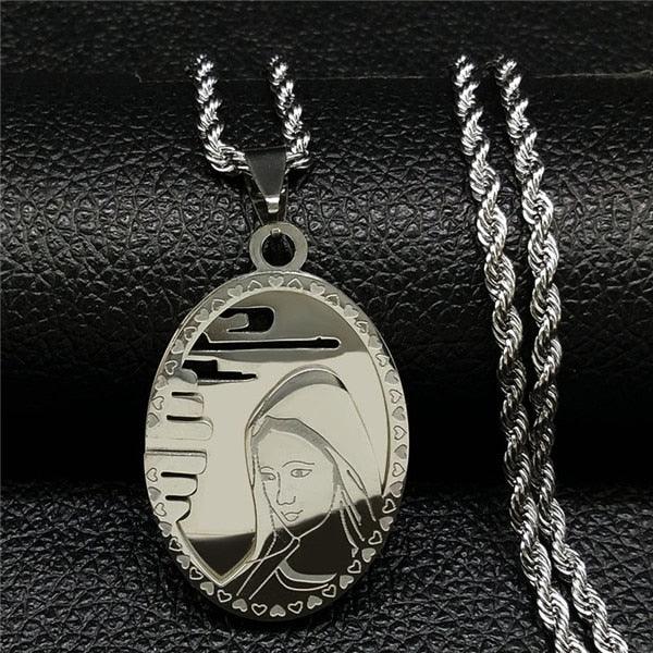 Collier pendentif plaque ovale portrait de la vierge Marie plaqué or / argent - MonPendentif