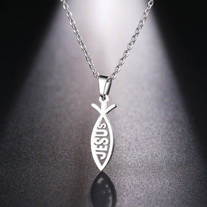 Collier pendentif poisson avec écriture "jesus" en plaque or / argent - MonPendentif