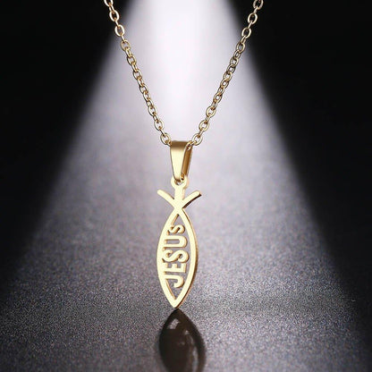 Collier pendentif poisson avec écriture "jesus" en plaque or / argent - MonPendentif