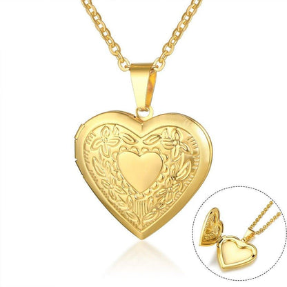 Collier pendentif porte photo coeur gravé plaqué or / argent