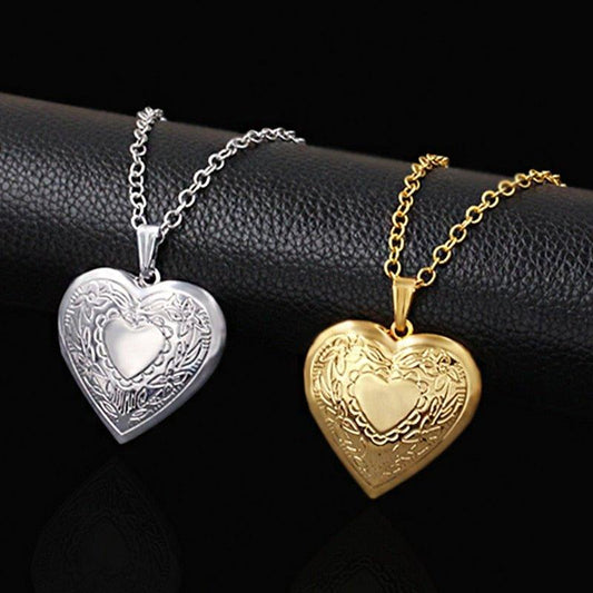 Collier pendentif porte photo coeur gravé plaqué or / argent
