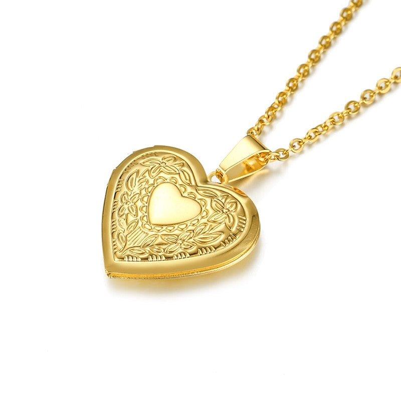 Collier pendentif porte photo coeur gravé plaqué or / argent